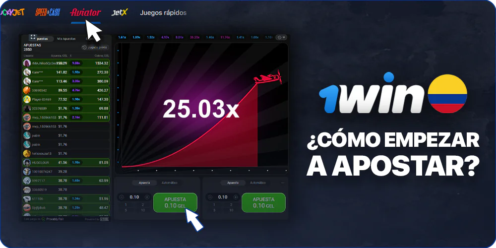 Instrucciones para realizar una apuesta en el juego Aviator en 1Win