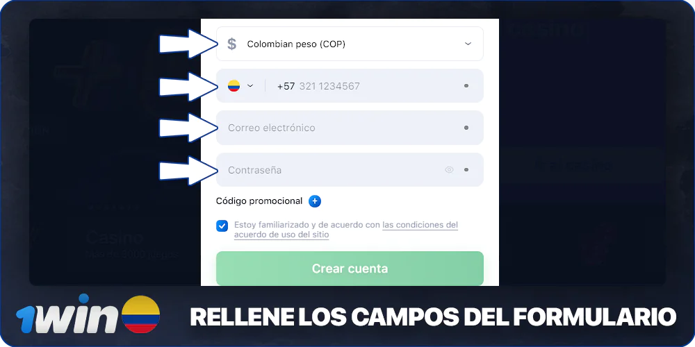 Rellene el formulario de registro de 1Win: elija una moneda, introduzca su correo electrónico y contraseña