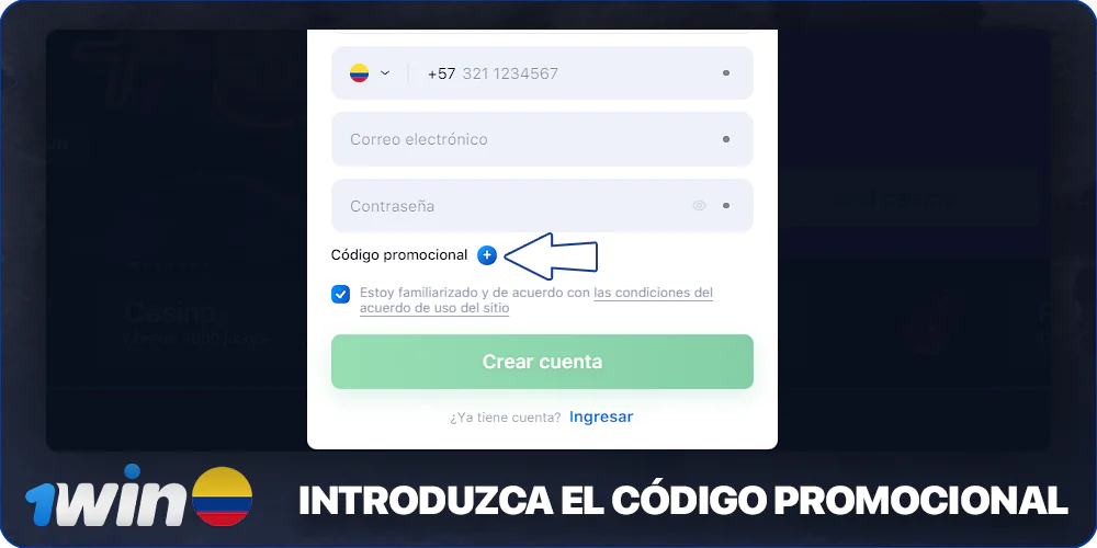 Introduzca el código promocional al registrarse en 1Win