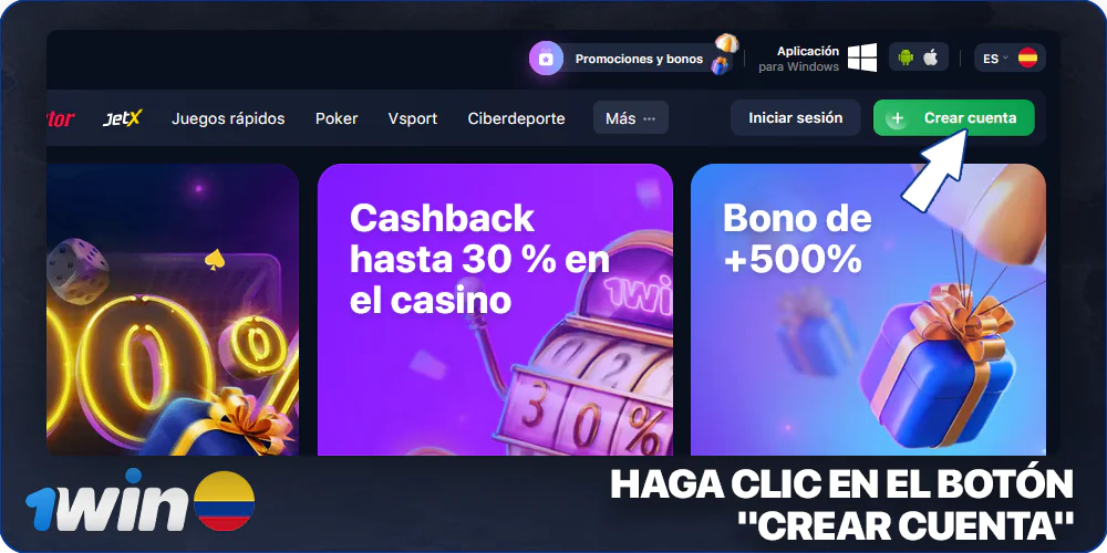 Haga clic en el botón "Registrarse" en 1Win