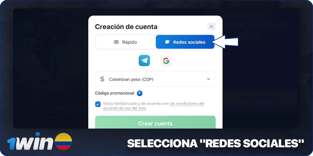 Seleccione el método de registro a través de las redes sociales en 1Win
