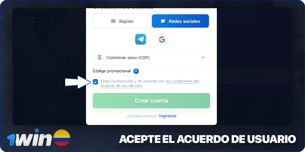 Aceptar el Acuerdo de usuario de 1Win