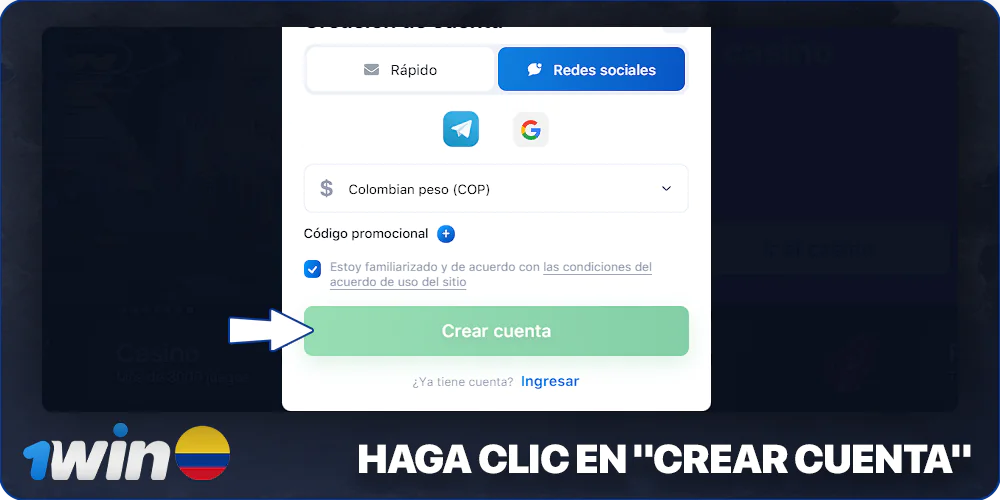 Haga clic en "Crear cuenta" en 1Win