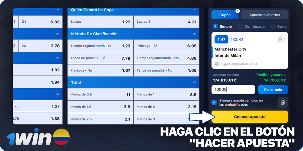 Haga clic en Hacer una apuesta en 1Win