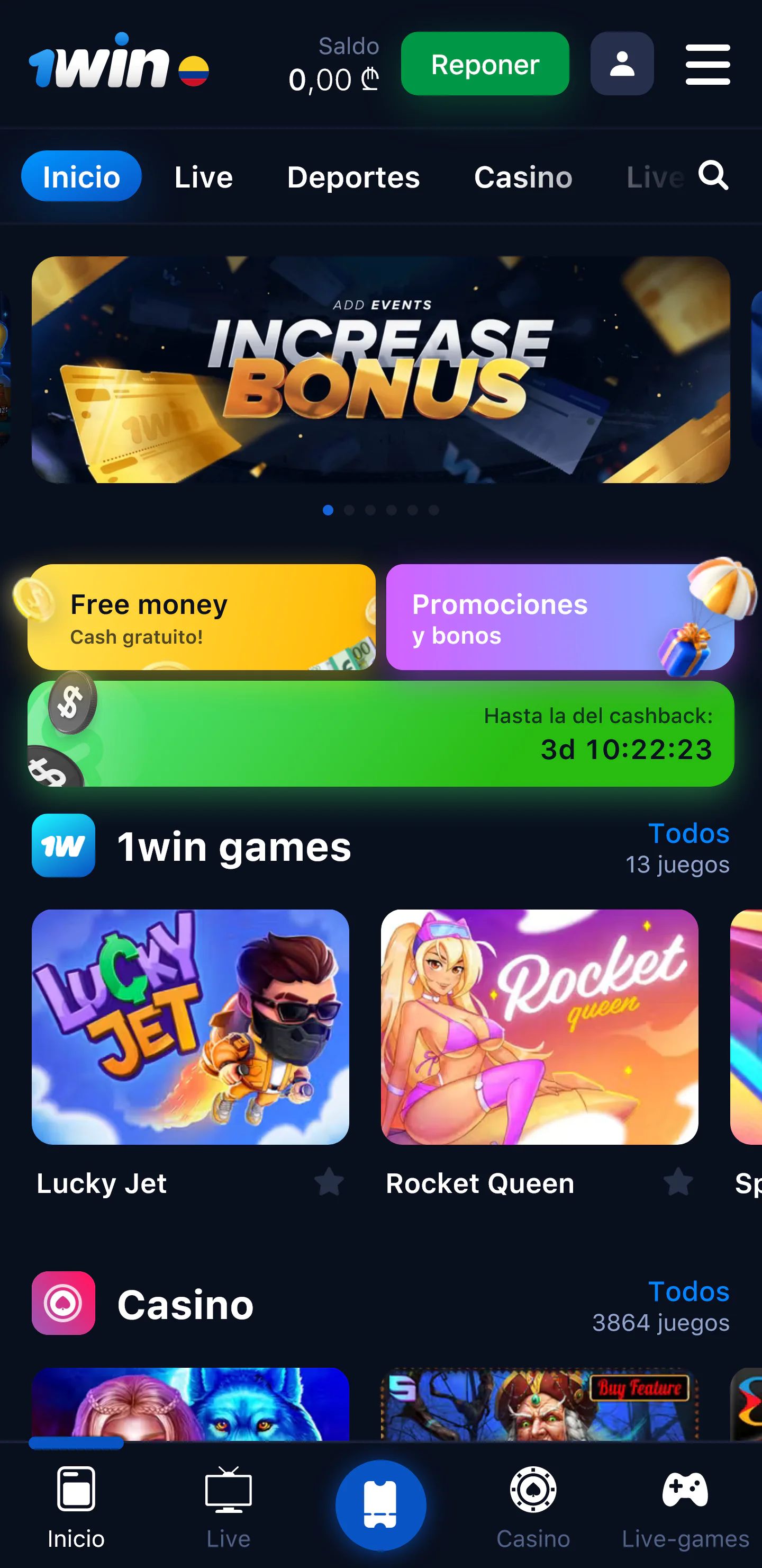 Captura de pantalla de la página de inicio de la aplicación móvil 1Win