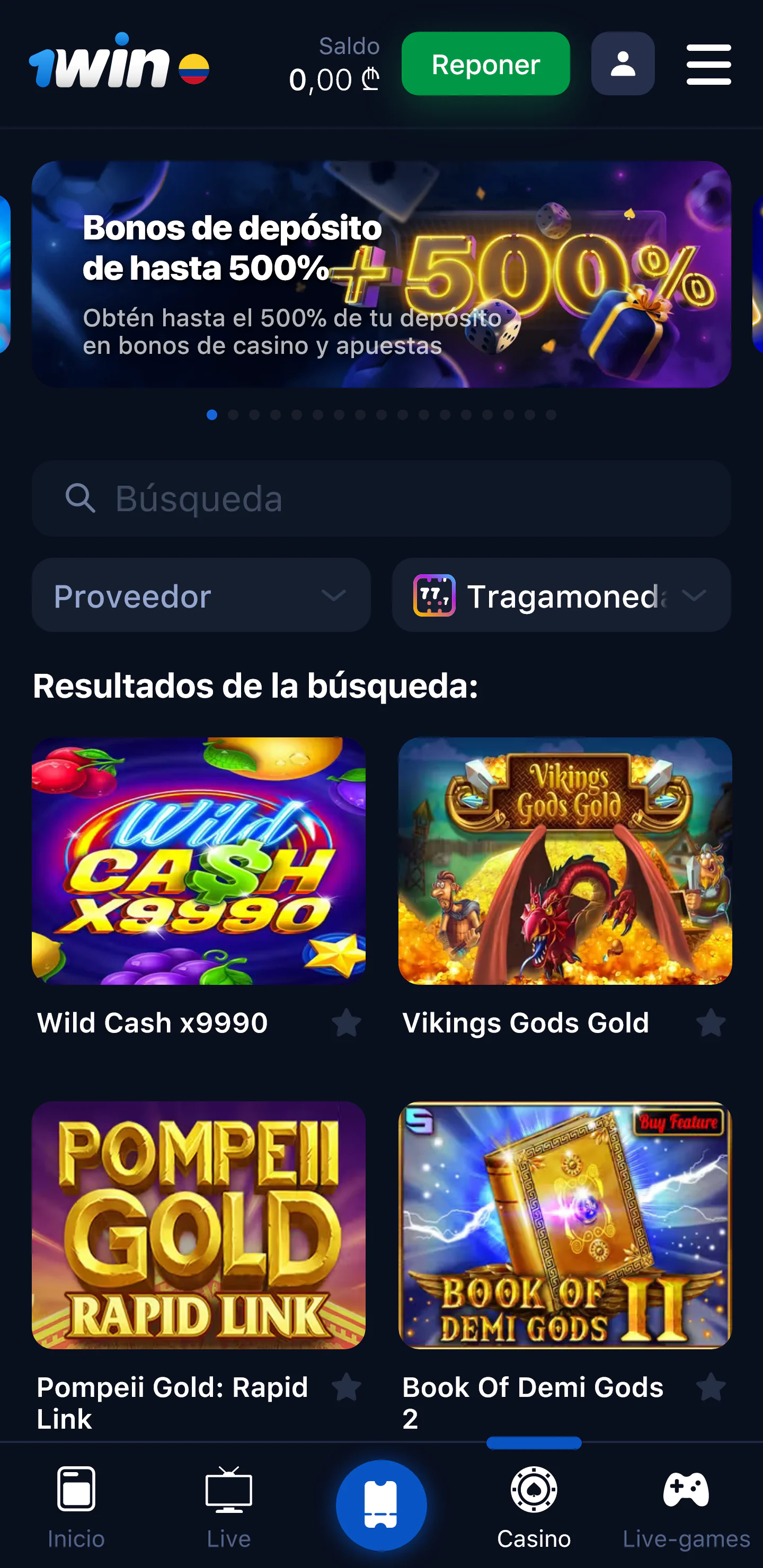 Captura de pantalla de la página del casino en la aplicación 1Win
